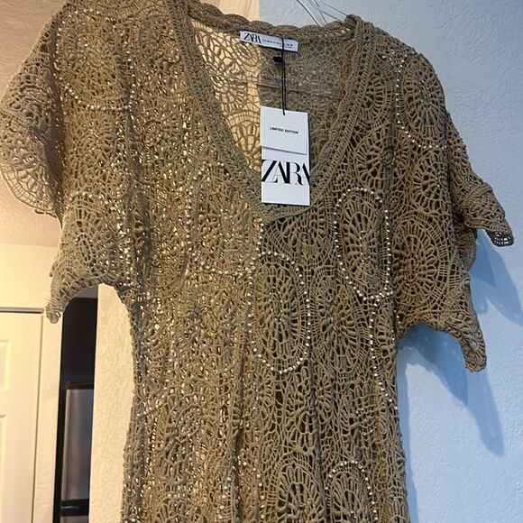 Zara Limited Edition Dress - Crotchet w Beading Tan Dress - Size XS - NWT - Picture 2 of 6
